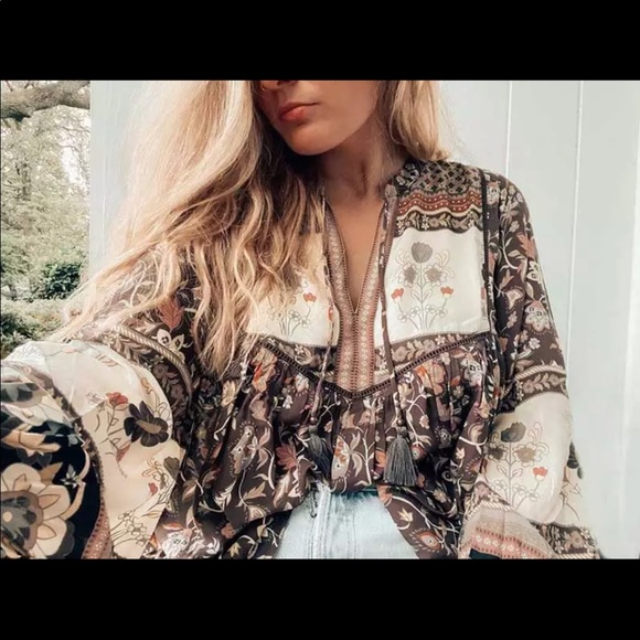 Fall Boho Gypsy Floral Print Peasant Blouse Tan - Picture 3 of 9